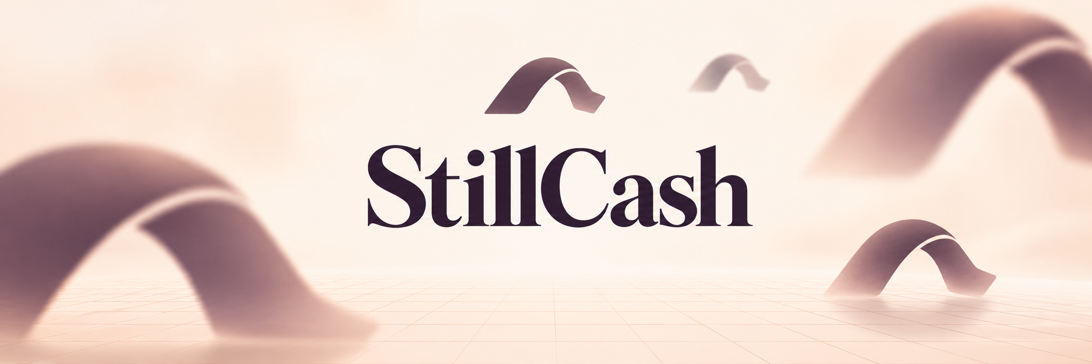StillCash banner with floating aubergine emblems.